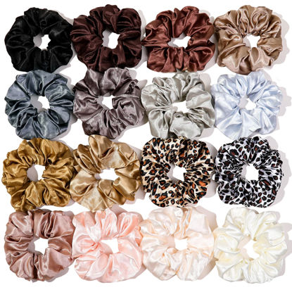 Picture of 16 Scrunchies for Women - Satin Hair Ties and Bands, Big Ponytail Holders for Thick, Curly Hair, Cute No-Crease Pony Tails, No Damage