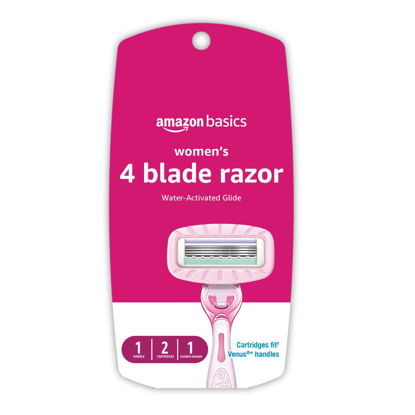 Picture of Amazon Basics Women's 4 Blade Razor for Women, Fits AmazonBasics & Venus Handles, Moisturizing Surround, 4 Count, Includes 1 Handle, 2 Cartridges & 1 Shower Hanger, Pink