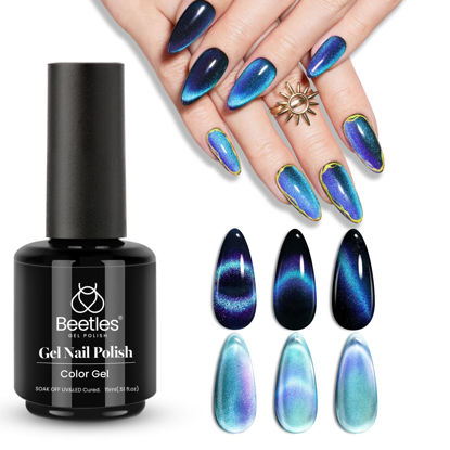 Picture of Beetles Blue Cat Eye Gel Nail Polish, 1 PCS 15ml 0.5Oz Glitter Sparkle Holographic Gel Polish with Magnet Translucent Mystical Aura Gel Soak Off LED Nail Lamp Nail Art Manicure Salon DIY Home