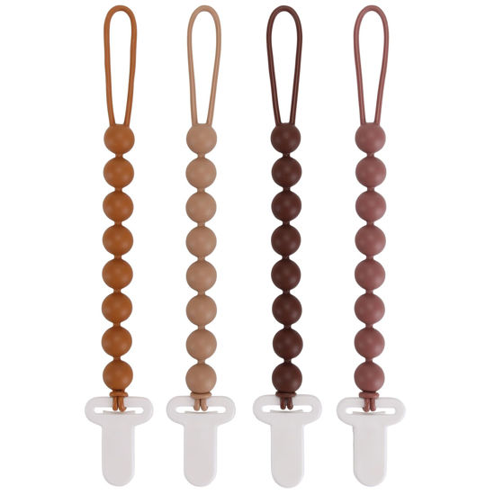 Picture of 4-Pack Silicone Pacifier Clips with One-Piece Beads for Baby Boys and Girls - Flexible and Rust-Free Holders for Teething Relief and Baby Essentials, Safe for Newborns (Brown)