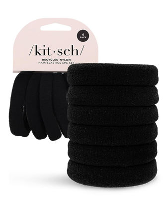 Picture of Kitsch Elastic Hair Ties - No Damage Black Rubber Bands for Women's Thick Hair, Ponytails & Hair Elastics | Small 6pcs Set