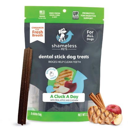 Picture of Shameless Pets Dental Treats for Dogs, A Cluck A Day - Healthy Dental Sticks with Digestive Support for Teeth Cleaning & Fresh Breath - Dog Bones Dental Chews Free from Grain, Corn & Soy