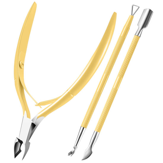 Picture of Cuticle Trimmer with Cuticle Pusher, XUNXMAS Cuticle Remover Cutter Nipper Scissor and Triangle Cuticle Nail Pusher Peeler Scraper, Durable Dead Skin Clipper Manicure Pedicure Tools (Yellow)