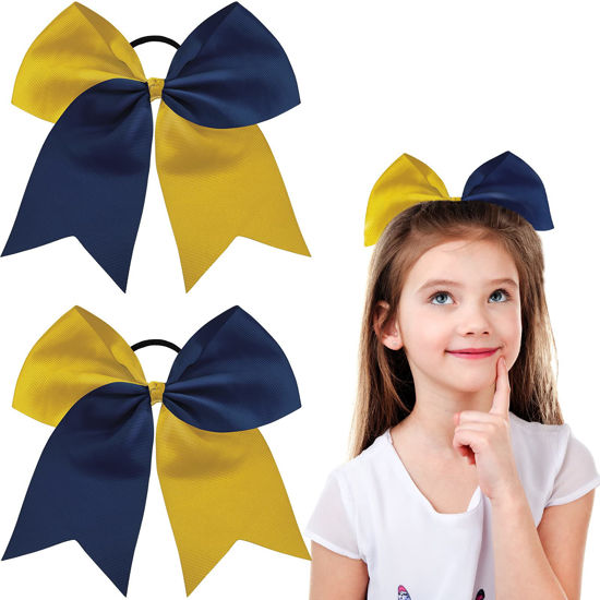 Picture of 2 Packs Jumbo Cheerleading Bow 8 Inch Cheer Hair Bows Large Cheerleading Hair Bows with Ponytail Holder for Teen Girls Softball Cheerleader Outfit Uniform (Yellow and Blue)