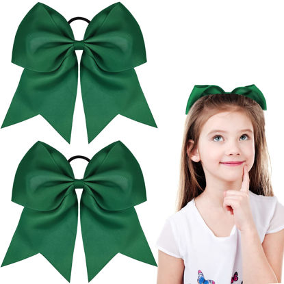 Picture of 2 Packs Jumbo Cheerleading Bow 8 Inch Cheer Hair Bows Large Cheerleading Hair Bows with Ponytail Holder for Teen Girls Softball Cheerleader Outfit Uniform (Green)