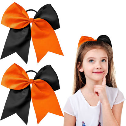 Picture of 2 Packs Jumbo Cheerleading Bow 8 Inch Cheer Hair Bows Large Cheerleading Hair Bows with Ponytail Holder for Teen Girls Softball Cheerleader Outfit Uniform (Orange and Black)