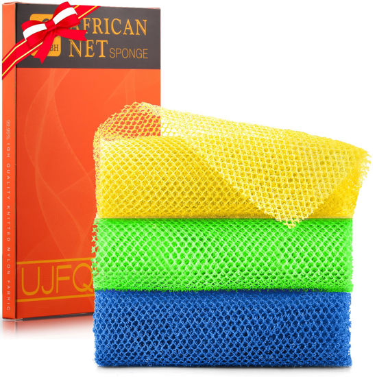 Picture of UJFQBH 3 Pieces African exfoliating net African Net Long Net Bath Sponge Exfoliating Shower Body Scrubber Back Scrubber Skin Smoother,Great for Daily Use (Yellow, Green, Blue)