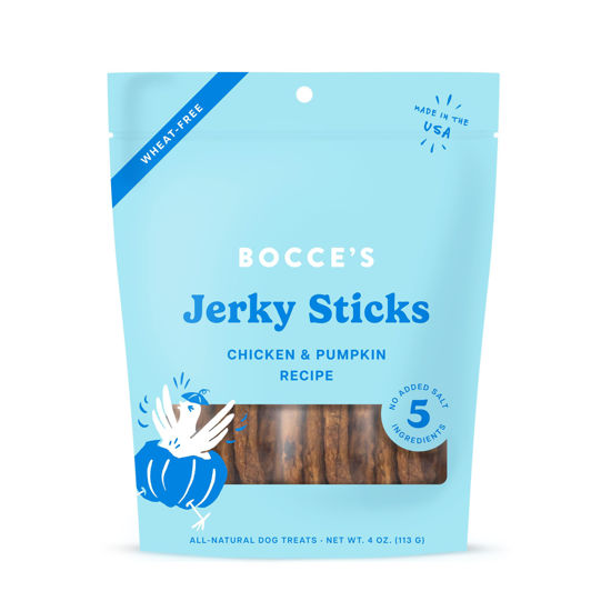 Picture of Bocce's Bakery Jerky Stick Dog Treats, Wheat-Free, Made with Limited-Ingredients, Baked in The USA with No Added Salt or Sugar, All-Naural & High-Protein, Chicken & Pumpkin, 4 oz