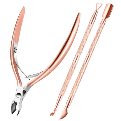 Picture of Cuticle Trimmer Cuticle Remover with Cuticle Pusher, XUNXMAS Professional Stainless Steel Durable Pedicure Manicure Tools Cutter Nipper Scissor Clipper for Fingernails and Toenails Rose Gold