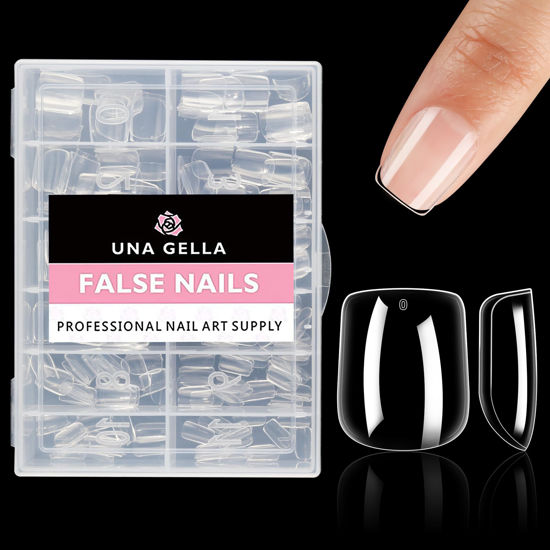 Picture of UNA GELLA Extra Short Square Nail Tips XS Short Square Gel X Nails Tips 216pcs Extra Short Press On Nails Full Cover Nail Tips 12 Sizes Clear Fake Nails Extension for Home DIY Nail Salon Soft Gel Tips