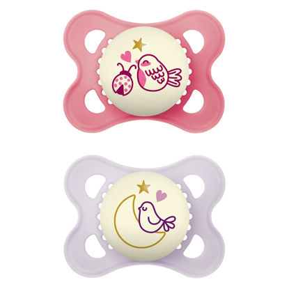 Picture of MAM Night Pacifiers (2 Pack, 1 Sterilizing Pacifier Case), MAM Pacifiers 0-6 Months, Best Pacifier for Breastfed Babies, Glow in the Dark Pacifier, Baby Girl Pacifier