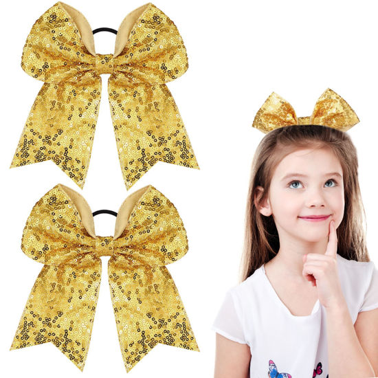 Picture of 2 Packs Jumbo Cheerleading Bow 8 Inch Cheer Hair Bows Large Cheerleading Hair Bows with Ponytail Holder for Teen Girls Softball Cheerleader Outfit Uniform (Sequin Gold)