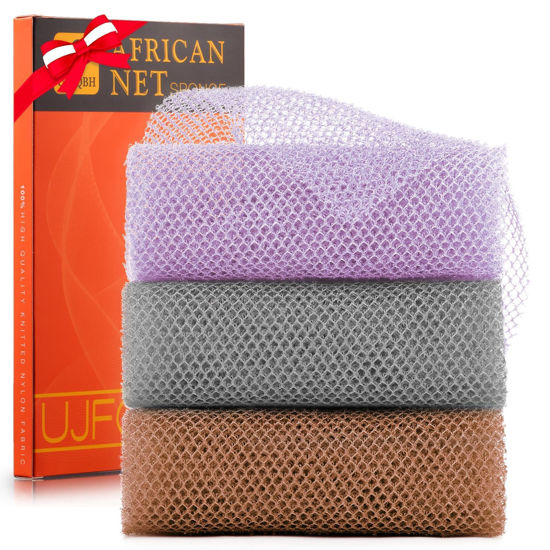 Picture of 3 Pieces African exfoliating net African Net Long Net Bath Sponge Exfoliating Shower Body Scrubber Back Scrubber Skin Smoother,Great for Daily Use (Purple、Gray、Brown)