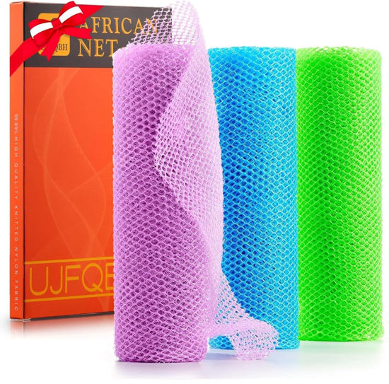 Picture of 3 Pieces African Bath Sponge African Net Long Net Bath Sponge Exfoliating Shower Body Scrubber Back Scrubber Skin Smoother,Great for Daily Use (Pale Purple, Blue, Green)