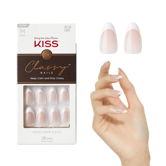 Picture of KISS Classy Press On Nails, Nail glue included, 'Dashing', Light White, Medium Size, Almond Shape, Includes 28 Nails, 2g glue, 1 Manicure Stick, 1 Mini File