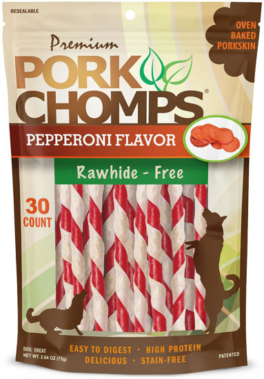 Picture of Pork Chomps Baked Pork Skin Dog Chews, 5-inch Mini Twists, Pepperoni Flavor Wrap, 30 Count