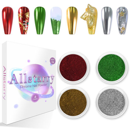 Picture of Allstarry Chrome Nail Powder 4 Colors Metallic Mirror Effect Pigment Chrome Iridescent Nail Glitter Magic Unicorn Glitter Dust Kit for Gel Polish Nail Art Decoration Resin Craft, Festivals