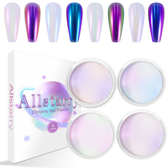 Picture of Allstarry White Chrome Nail Powder, 4 PCS Color-Shift Chameleon Mica Powder Pearlescent Pearl Pigment Aurora Chrome Effect Glitter Dust Iridescent for Gel Polish Nail Art Decoration, Resin Craft