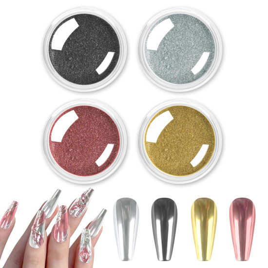 Picture of Allstarry Chrome Nail Powder, 4 Colors Metallic Effect Mirror Chrome Powder Pigment Shiny Holographic Manicure Pigment Gold Siver Nail Fine Glitter Dust Kit for Gel Polish Manicure Decoration