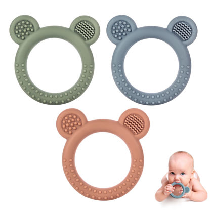 Picture of Eascrozn Baby Teething Toys for Babies 0-6 Months Set of 3, Baby Toys 6 to 12 Months, BPA Free Soft and Textured Bear Ring Silicone Teether Relief Soothing Sore Gums Chew Infant Toys