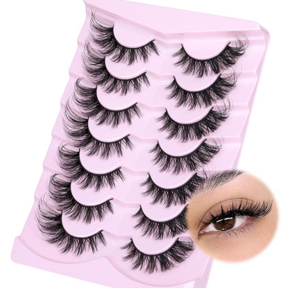 Picture of JIMIRE False Eyelashes Cat Eye Wispy Lashes Natural Look Spike Faux Mink Lashes Fluffy Russian D Curl Strip Lashes Look Like Lash Extensions Fox Eye Fake Lashes 7 Pairs Pack