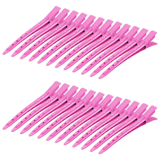 Picture of 24 Packs Duck Bill Clips, Bantoye 3.35 Inches Rustproof Metal Alligator Curl Clips with Holes for Hair Styling, Hair Coloring, Rose Red