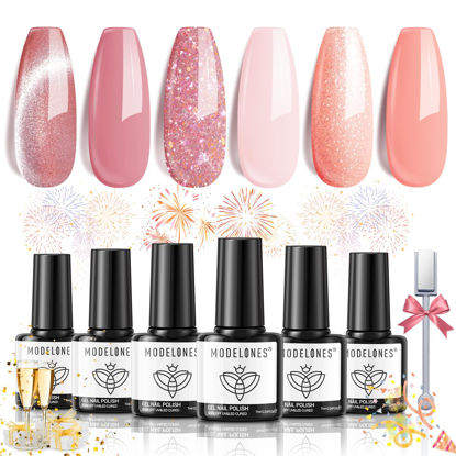 Picture of modelones Gel Nail Polish Set, 6 Colors Neutral Nude Pink Gel Polish Shimmery Glitter Nail Gel Polish Summer Cat Eye Magnetic Nail Art Gel Kit Soak Off LED Manicure Salon DIY Home Gift for Girl Women