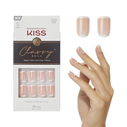 Picture of KISS Classy Press On Nails, 'Simple Enough', Nude, Short Size, Squoval Shape, Includes 28 Fake Nails, 2g Pink Gel Nail Glue, Manicure Stick, Mini file