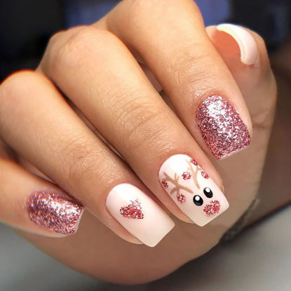 Picture of Christmas Press on Nails Short Square Acrylic Fake Nails Cute Pink Bling Glitter Stick on Nails Full Cover False Nails with Xmas Elk Designs Christmas Short Glue on Nails for Winter Holiday Manicure