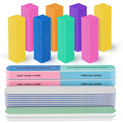 Picture of FANDAMEI Nail Buffers and Files, 8PCS Colorful Nail Buffer Block, 8PCS Blue Nail File, 2PCS 7 Way Nail File & 2PCS Nail Polishing Buffer. Professional Nail Care Tools Kit. Nail File Buffer Tools