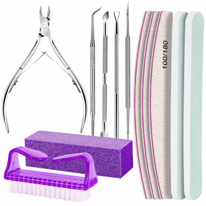 Picture of FANDAMEI Manicure and Pedicure Tools Kit, Nail Files 100/180, Nail Buffer Block, Nail Cuticle Nippers, Cuticle Pusher, Cuticle Peeler, Nail Lifter for Ingrown Toenails, Toenail File, Purple