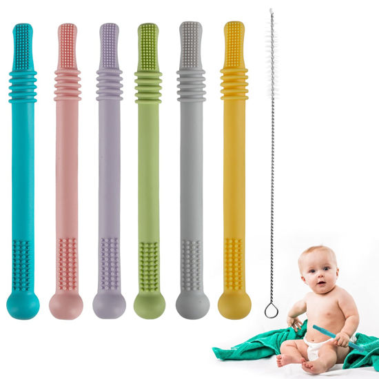 Picture of Fu Store Hollow Teether Tube, 6 Pack Chew Straw Toy for Infant Toddlers Silicone Tubes Teething Toys for Babies 3-12 Months BPA Free/Freezable/Dishwasher and Refrigerator Safe