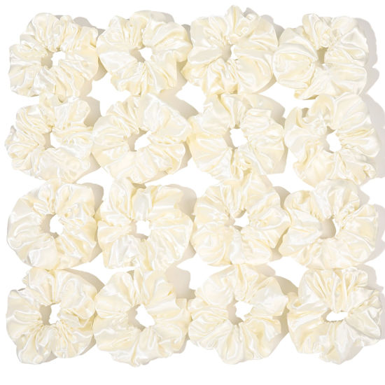 Picture of 16 Pcs Scrunchies for Women - White Satin Silk Scrunchies for Girls Hair Ties Elastics Bands Ponytail Holder Hair Accessories