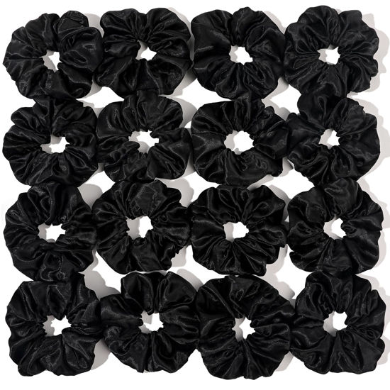 Picture of 16 Pcs Scrunchies for Women - Black Satin Silk Scrunchies for Girls Hair Ties Elastics Bands Ponytail Holder Hair Accessories