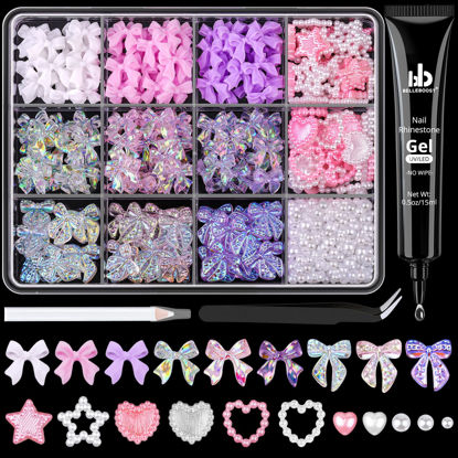 Picture of 500 Pcs 3D Nail Charms and Flatback Pearls #11, 6 Colors Bow + Pink&White Star Heart Cute Charms + 2-6mm White Pearls for Nail Art Design with Nail Charm Glue(UV Needed) and Pickup Tools