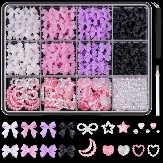 Picture of 600 Pcs 3D Nail Charms and Flatback Pearls Set 7, 4 Colors Nail Bows Charm + Pink&White Star Heart Moon Cute Nail Jewels + 2-4mm White Nail Pearls for Nail Art DIY Decoration with Pickup Tools