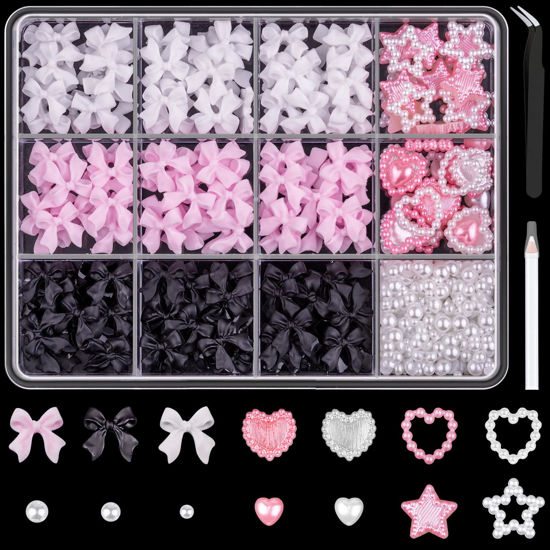 Picture of 600 Pcs 3D Nail Charms and Flatback Pearls Set 3, Pink&White&Black Nail Bows + Pink&White Star Heart Cute Nail Jewels + 2-4mm White Nail Pearls for Nail Art DIY Decoration with Pickup Tools