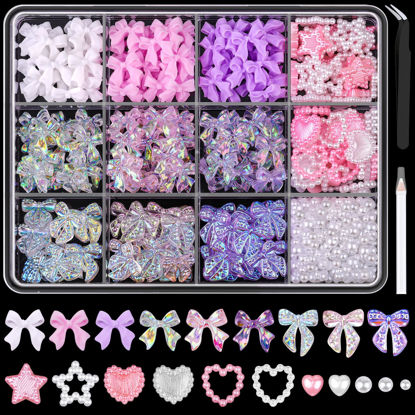 Picture of 600 Pcs 3D Nail Charms and Flatback Pearls Set 12, 6 Colors Nail Bows Charm + Pink&White Star Heart Cute Nail Jewels + 2-4mm White Nail Pearls for Nail Art DIY Decoration with Pickup Tools