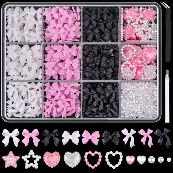 Picture of 500 Pcs 3D Nail Charms and Flatback Pearls Set 9, Pink&White&Black Nail Bows + Pink&White Star Heart Cute Nail Jewels + 2-4mm White Nail Pearls for Nail Art DIY Decoration with Pickup Tools