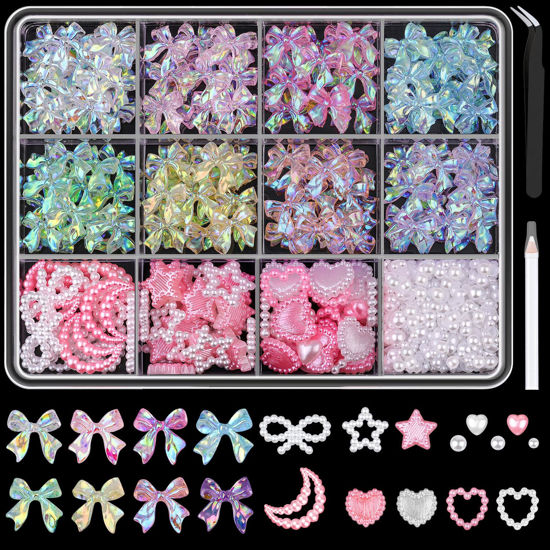 Picture of 600 Pcs 3D Nail Charms and Flatback Pearls Set 11, 8 Colors Shiny Nail Bows Charm + Pink&White Star Heart Moon Nail Jewels + 2-4mm White Nail Pearls for Nail Art DIY Decoration with Pickup Tools