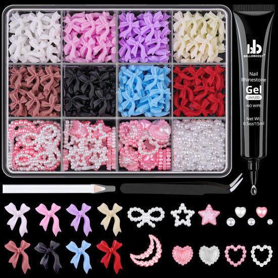 Picture of 600 Pcs 3D Nail Charms and Flatback Pearls #5, 8 Colors Bow + Pink&White Star Heart Moon Cute Charms + 2-6mm White Pearls for Nail Art Design with Nail Charm Glue(UV Needed) and Pickup Tools