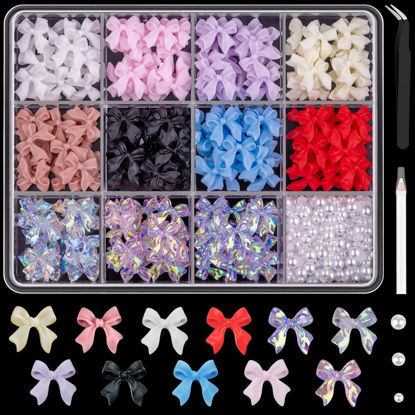 Picture of Bow Nail Charms and Flatback Pearls Set 2, 600 Pcs 11 Colors Cute Shiny Bow Charm Nail Jewels and 2-4mm White Nail Pearls for Nail Art DIY Decoration with Pickup Tools