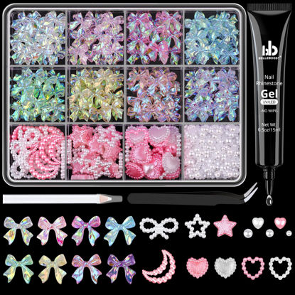 Picture of 600 Pcs 3D Nail Charms and Flatback Pearls #10, 6 Colors Bow + Pink&White Star Heart Moon Cute Charms + 2-6mm White Pearls for Nail Art Design with Nail Charm Glue(UV Needed) and Pickup Tools