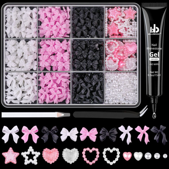 Picture of 600 Pcs 3D Nail Charms and Flatback Pearls #8, 3 Colors Bow + Pink&White Star Heart Cute Charms + 2-6mm White Pearls for Nail Art Design with Nail Charm Glue(UV Needed) and Pickup Tools