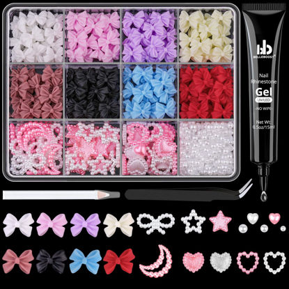 Picture of 600 Pcs 3D Nail Charms and Flatback Pearls #4, 8 Colors Bow + Pink&White Star Heart Moon Cute Charms + 2-6mm White Pearls for Nail Art Design with Nail Charm Glue(UV Needed) and Pickup Tools