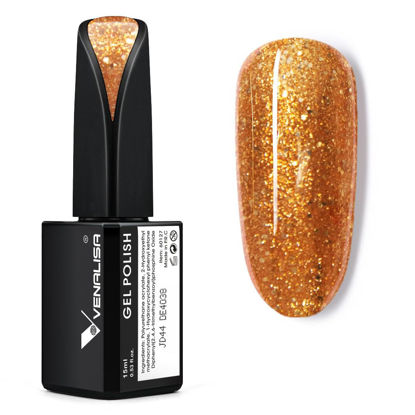 Picture of VENALISA 15ml Glitter Gold Gel Nail Polish, Sparkle Orange Gold Gel Polish Shiny Gold Color Soak Off UV LED Sparkly Shimmer Nail Gel Polish Nail Art Starter Manicure Salon DIY at Home, 0.53 OZ