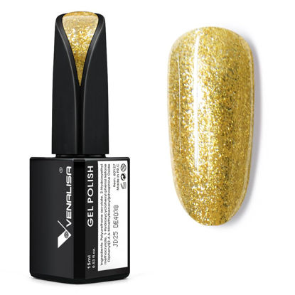 Picture of VENALISA 15ml Glitter Gold Gel Nail Polish, Sparkle Gold Gel Polish Shiny Color Soak Off UV LED Sparkly Shimmer Nail Gel Polish Nail Art Starter Manicure Salon DIY at Home, 0.53 OZ