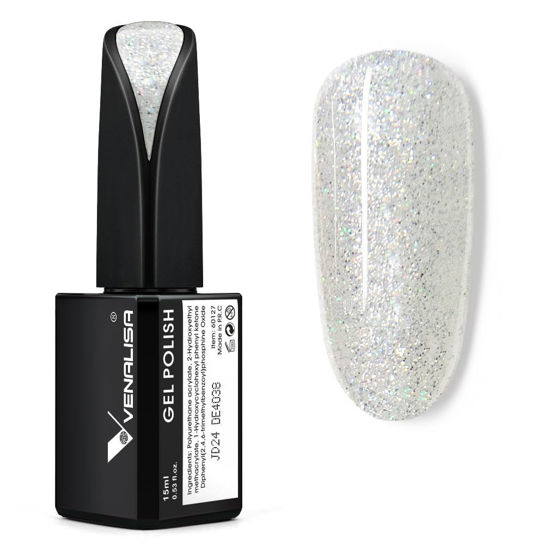 Picture of VENALISA Glitter Silver Gel Nail Polish, 15ml Sparkle Gel Polish Shiny Silver Color Soak Off UV LED Sparkly Shimmer Pearl Nail Gel Polish Nail Art Starter Manicure Salon DIY at Home, 0.53 OZ