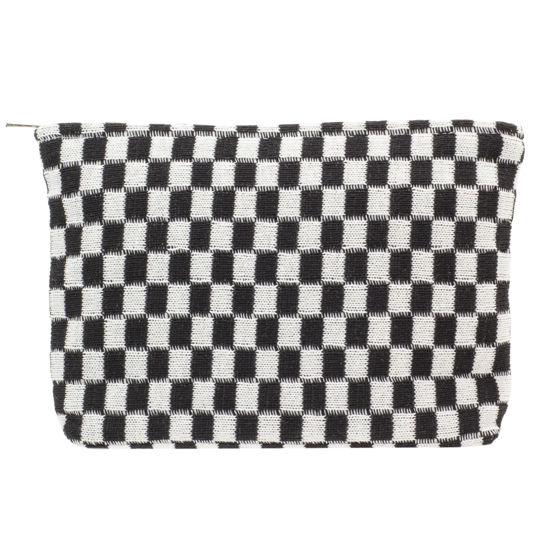 Picture of PAZIMIIK Knitted Checkered Makeup Bag Large Zipper Make Up Accessory Pouch for Purse Cosmetic Brush Bag for Travel Essential,Black