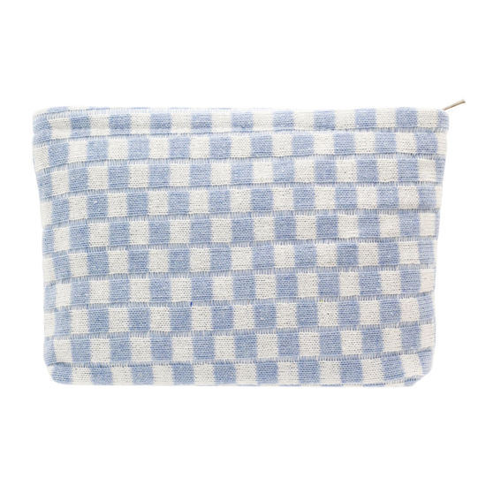 Picture of PAZIMIIK Knit Checkered Makeup Bag Large Zipper Make Up Accessory Pouch for Purse Cosmetic Brush Bag for Travel Essential,Blue